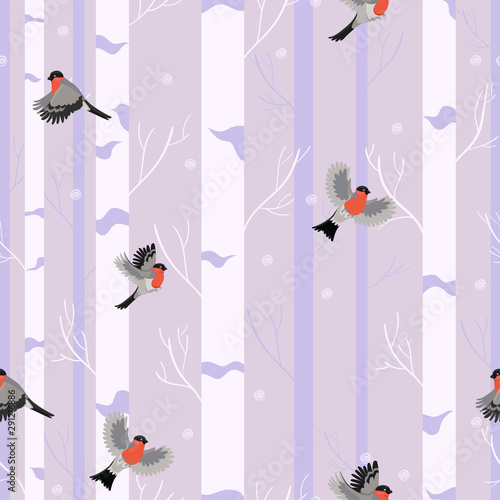 Seamless pattern birds bullfinches in the winter forest.