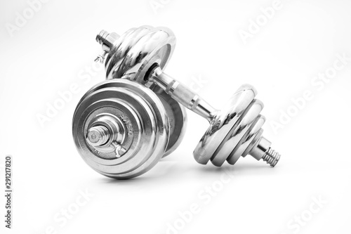 silver iron dumbbell isolated on white