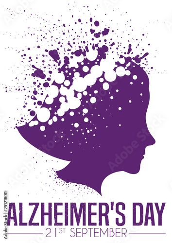 Woman's Head Silhouette Fading with Spots to Celebrate Alzheimer's Day, Vector Illustration