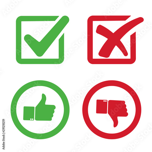 Yes, No, Check mark and cross shape Thumbs up and down icons - stock vector 