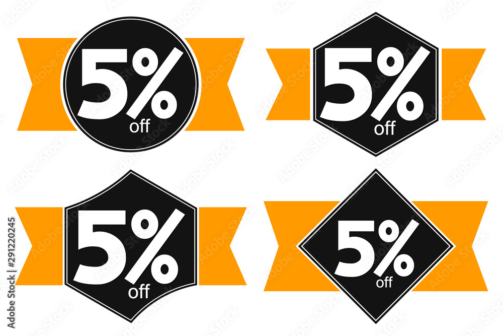 Set Sale 5% off, discount banners design template, extra promo tags, vector illustration