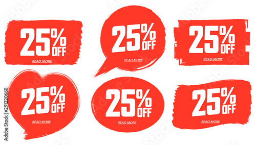 Set Sale 25% off banners design template, discount tags, grunge brush, vector illustration