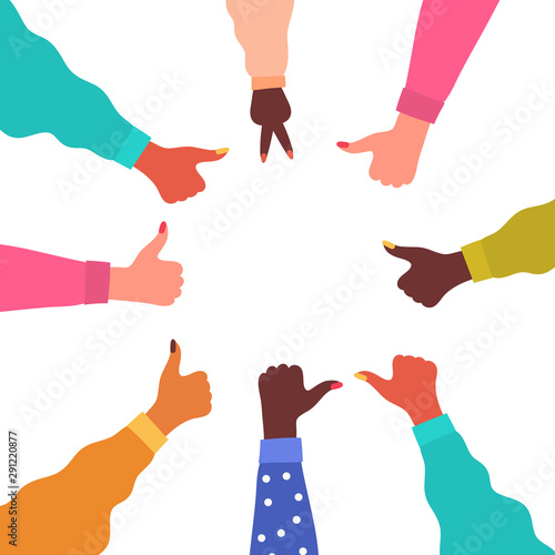 Girls hand with thumb up. Concept of a good review, giving a good rate. Vector Illustration.