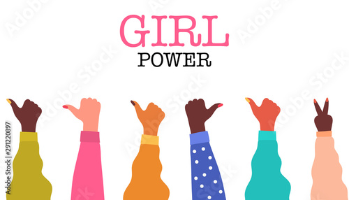 Girls hand with thumb up. Concept of girl power, strong girls, women. Vector Illustration.