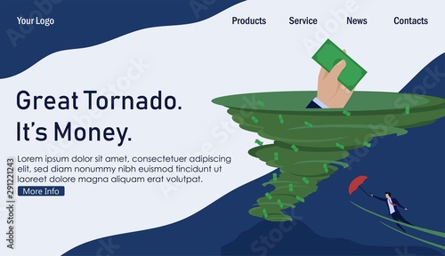 Businessman flying with umbrella by hurricane of money. Business Landing Page Template.