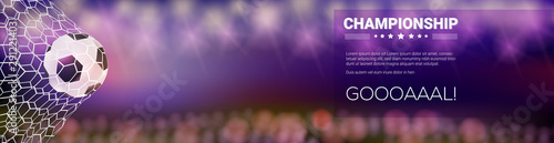 Moment with ball in the net. Long banner for soccer game. Match goal into mesh. Football ball in goal. Template for football or soccer games, tournaments, championships. 3D vector illustration