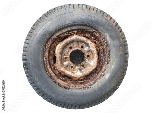 Old tires are not used. isolated on white background Rusting along the metal edge of the rubber