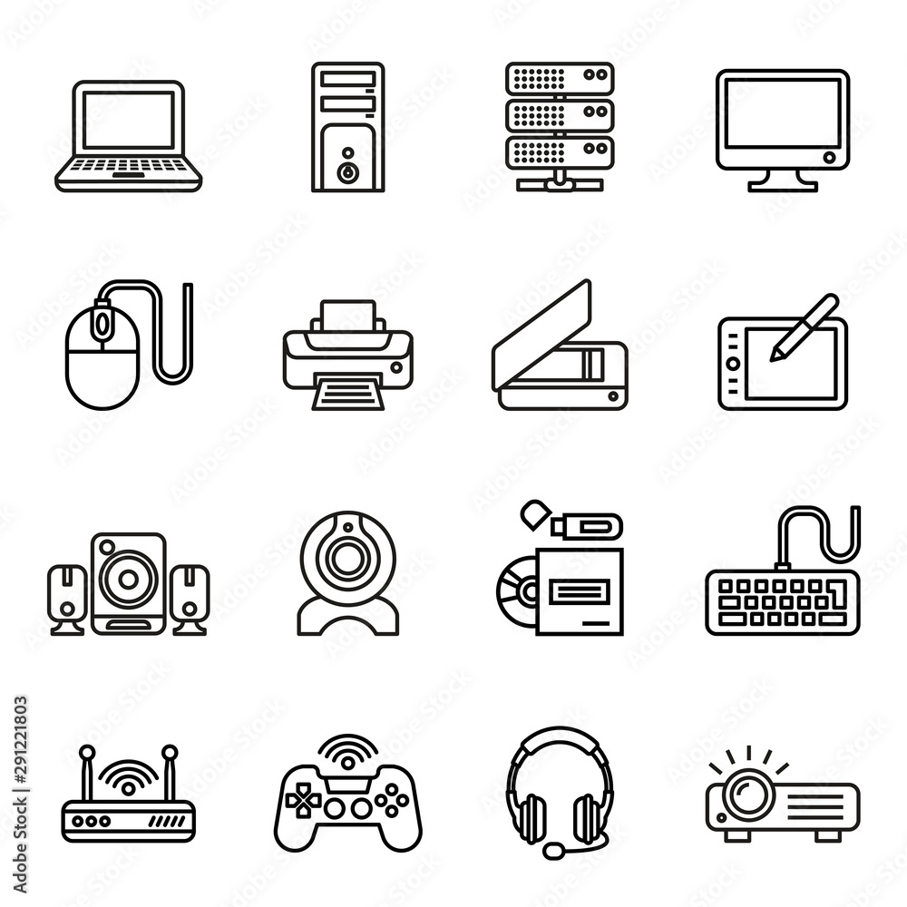 Computer Icons and Computer Accessories Icons set with white background. Line Style stock vector. Computer Icons and Computer Accessories Icons set with white background. Line Style stock vector.