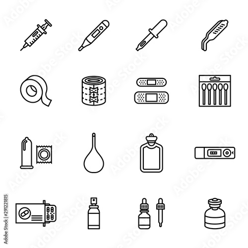 Medicine and drugs icon set with white background. Line style stock vector.