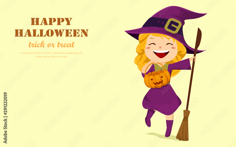 Halloween holiday. Happy cute little girl witch with a pumpkin bucket and a broom. Flat design cartoon vector illustration.