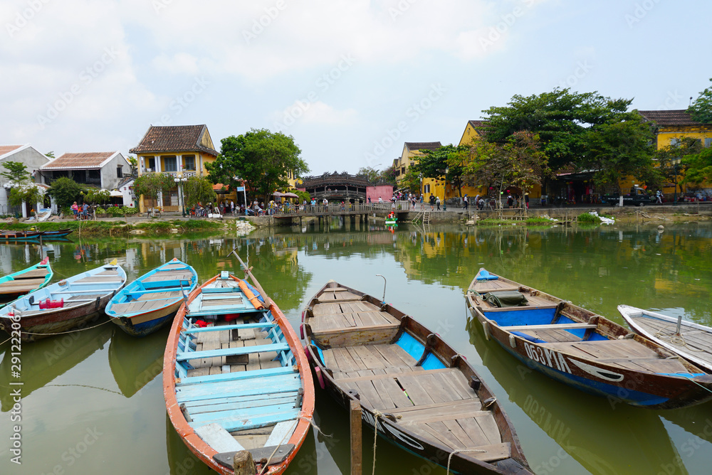 Many boats park along the river Hoian, Vietnam 
