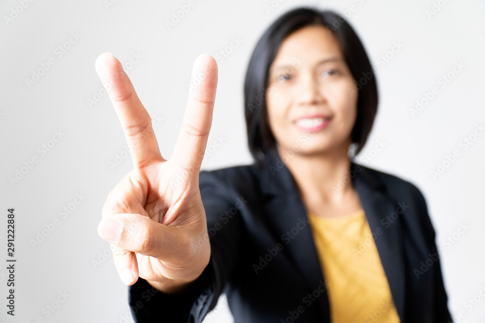 Portrait Confident Asian Business Woman Presenting Hand on White Background Portrait Confident Asian Business Woman Presenting Hand on White Background