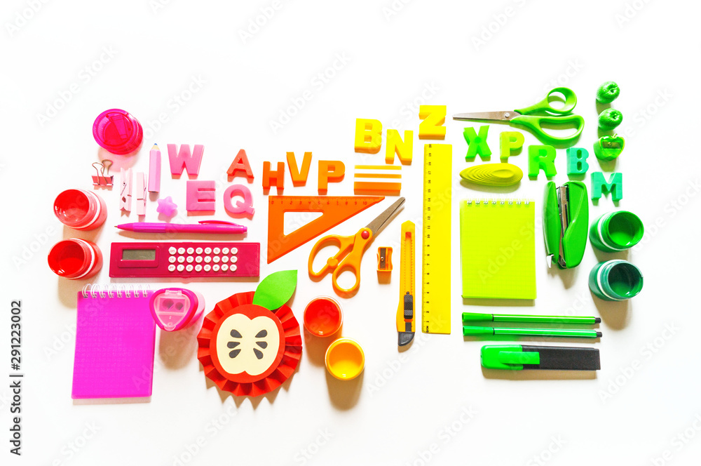 Stationery flat lay. Back to school. Office of the bright colors of the rainbow Stationery flat lay. Back to school. Office of the bright colors of the rainbow