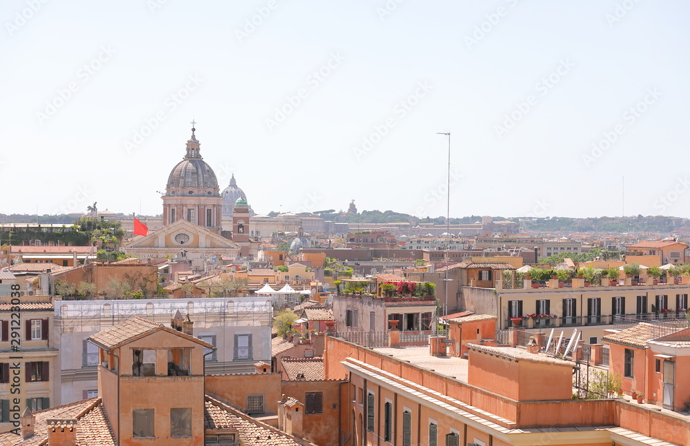 Rome historical city cityscape with SS Ambrogio e Carlo al Corso church Italy