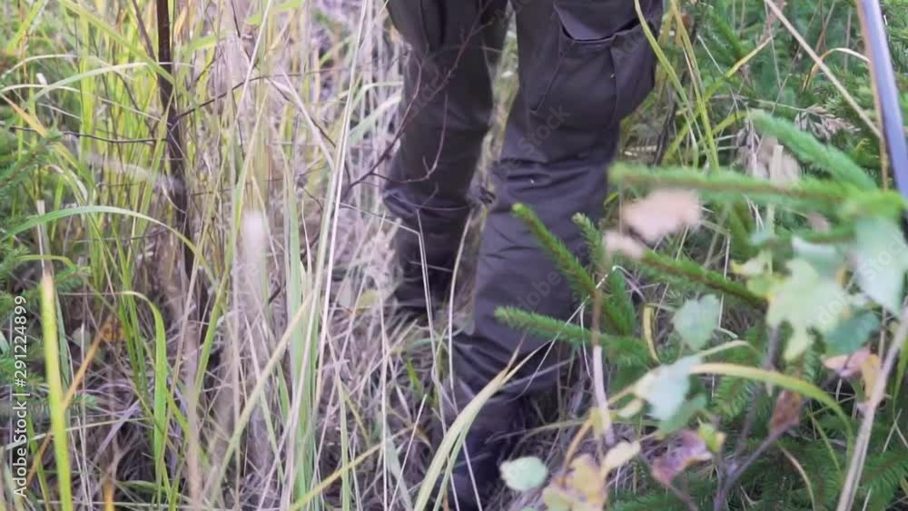 Close Up View Of Hikers Legs Trekking Through Woods With Trekking Poles. Slow Motion Close Up View Of Hikers Legs Trekking Through Woods With Trekking Poles. Slow Motion