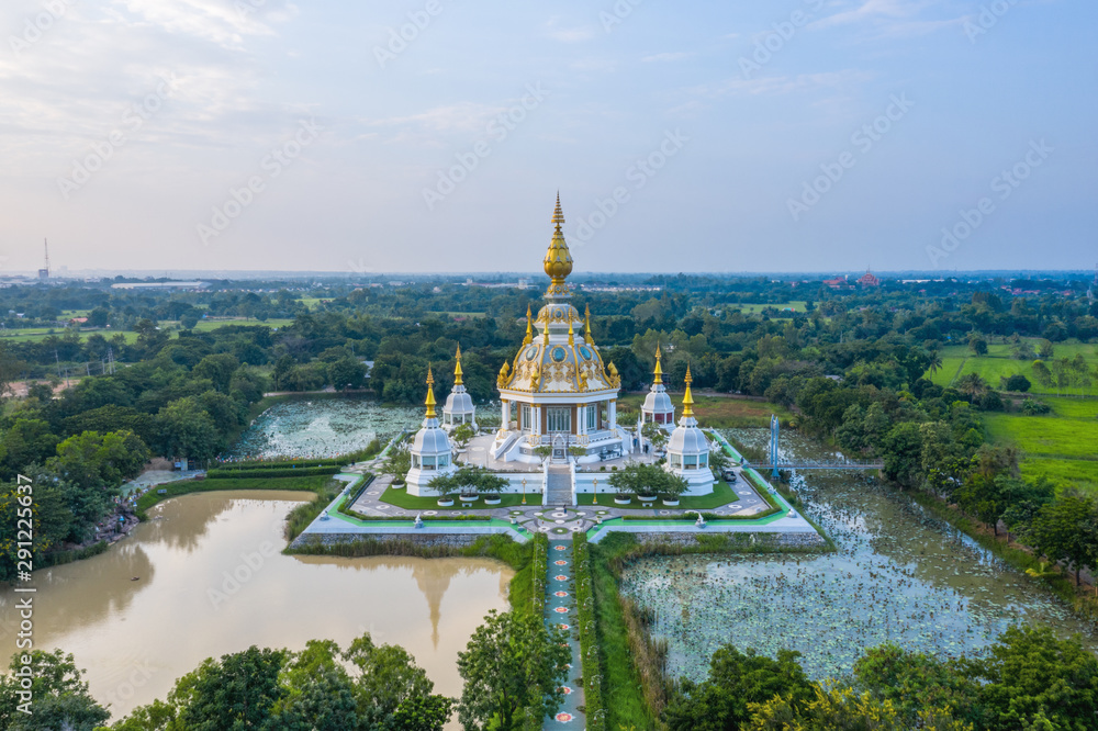 Aerial view from drone of Wat thung setthi temple in the daytime at Khon kaen in Thailand.