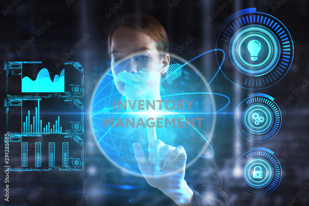 The concept of business, technology, the Internet and the network. A young entrepreneur working on a virtual screen of the future and sees the inscription: Inventory management The concept of business, technology, the Internet and the network. A young entrepreneur working on a virtual screen of the future and sees the inscription: Inventory management