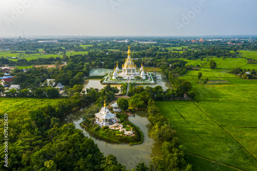 Aerial view from drone of Wat thung setthi temple in the daytime at Khon kaen in Thailand.