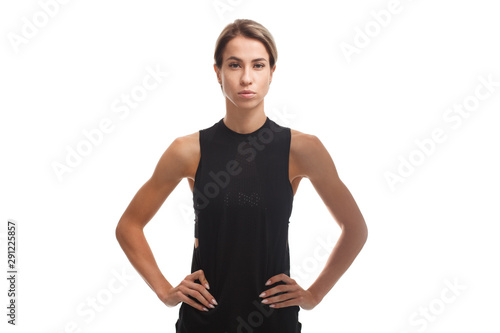 young caucasian blond hir fitness woman in sportswear isolated on white backgroun