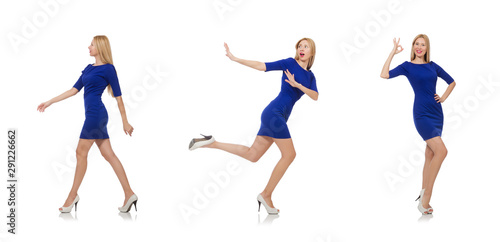 Beautiful lady in dark blue dress isolated on white