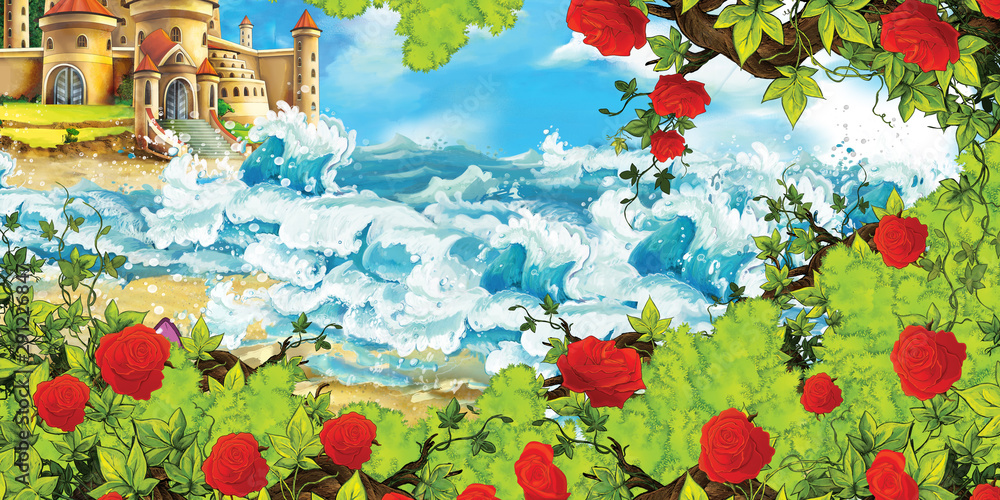 cartoon scene of beautiful castle by the beach and ocean or sea
