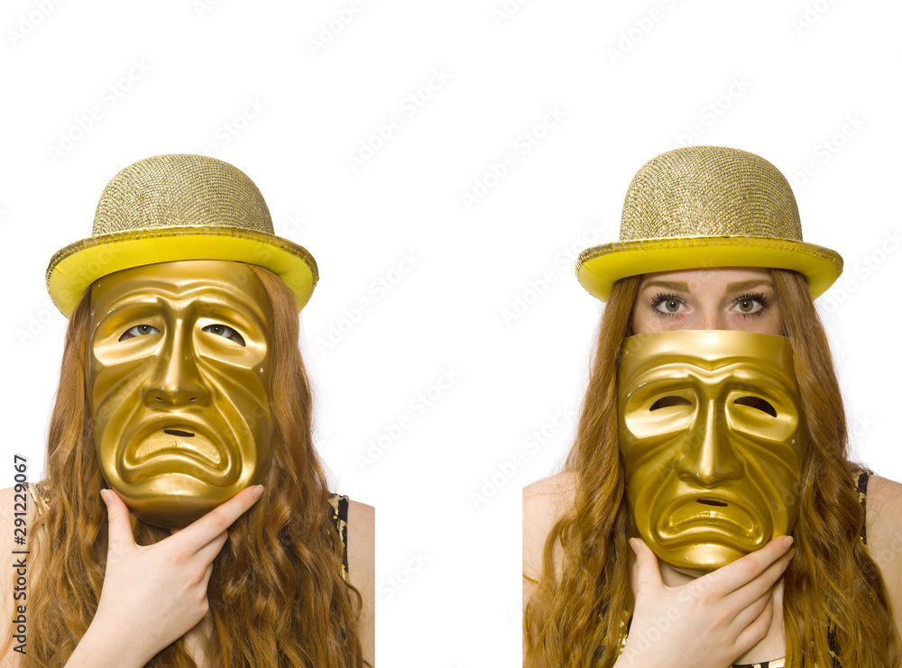 Girl in golden mask isolated on white