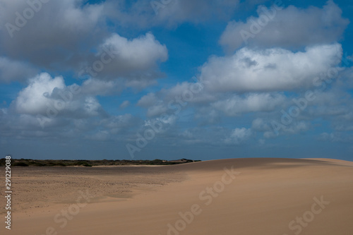 Wild empty beach and dunes. Sand and blue sky with clouds. La Guajira, Colombia 