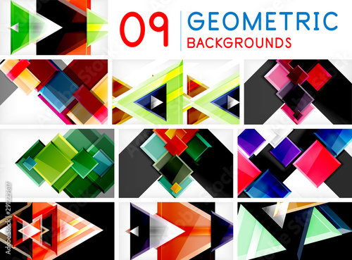 Set of geometric triangles annd squares, on white background. Abstract design pattern, geometrical poster for technology or business theme.