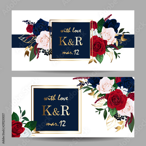 Wedding invitation with burgundy and navy blue roses