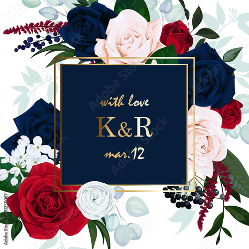 Wedding invitation with burgundy and navy blue roses