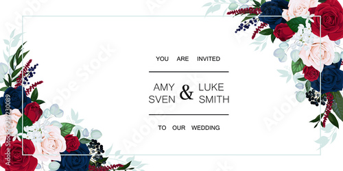 Wedding invitation with burgundy and navy blue roses