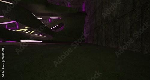 Abstract architectural concrete smooth interior of a minimalist house with color gradient neon lighting. 3D illustration and rendering.