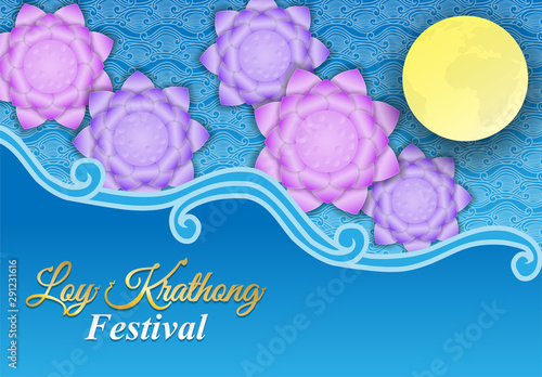 Loy Kratong thailand festival . Design with krathong flowers and moon on thai art river background. vector.
