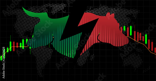 Stock market and exchange of world. Bull Market Vs. Bear Market . Candle stick graph chart of stock market investment trading. black background. Vector.