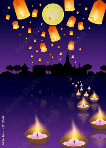 Loy Kratong thailand festival .Design with moon, krathong, lantern and river on night background .vector.