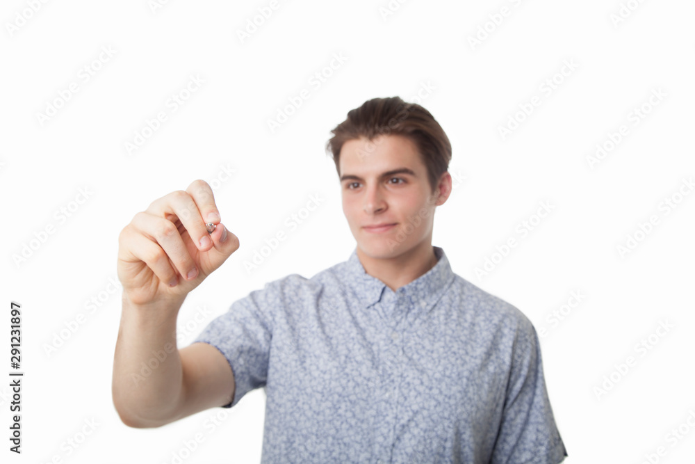 Man with pen on white background - copy space Man with pen on white background - copy space