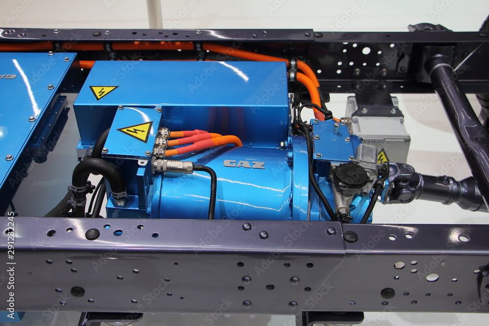 GAZ electrical car concept, City electric truck transmission drive close up