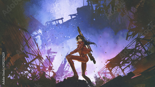 futuristic soldier woman with gun standing against the ruined city, digital art style, illustration painting