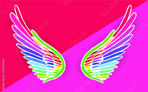 Pair of colorful bird wings set isolated on transparent background with shadow flat vector illustration