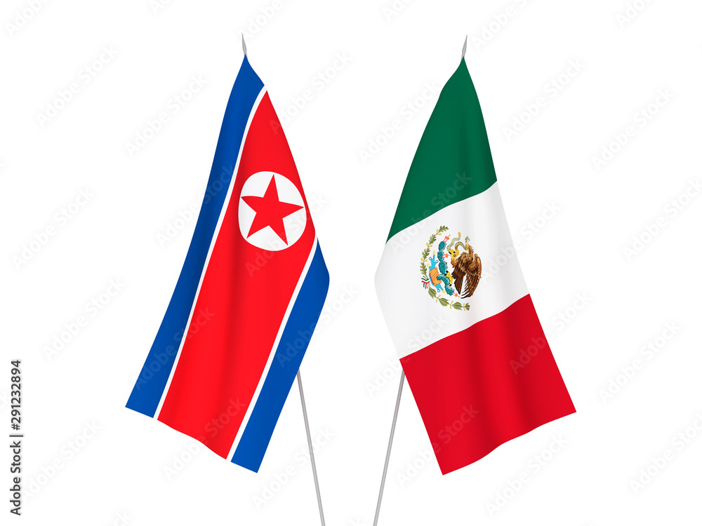 National fabric flags of North Korea and Mexico isolated on white background. 3d rendering illustration. National fabric flags of North Korea and Mexico isolated on white background. 3d rendering illustration.