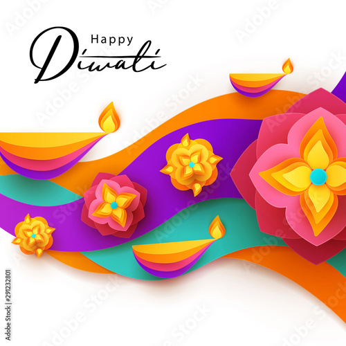 Diwali Hindu festival greeting design in paper cut style with oil lamps on colorful waves and beautiful flowers of lights. Holiday background for branding greeting card, banner, cover, flyer or poster