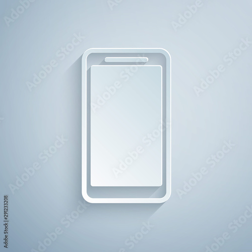 Paper cut Smartphone, mobile phone icon isolated on grey background. Paper art style. Vector Illustration