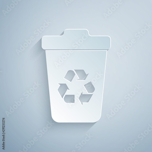 Paper cut Recycle bin with recycle symbol icon isolated on grey background. Trash can icon. Garbage bin sign. Recycle basket sign. Paper art style. Vector Illustration