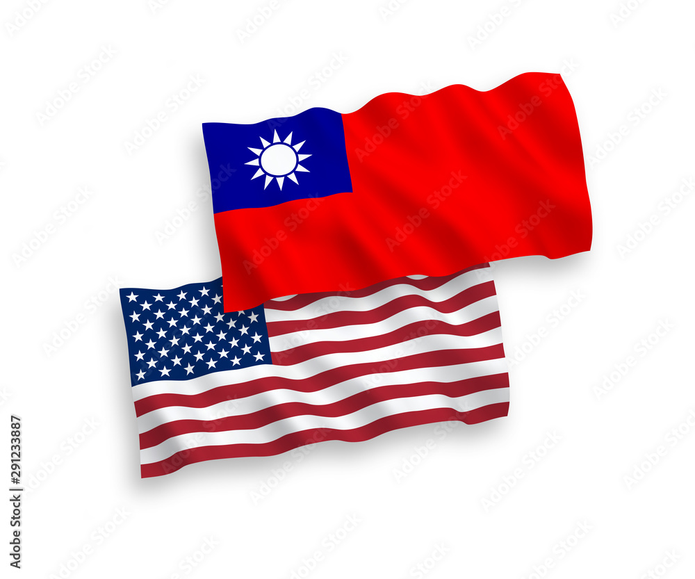 Obraz premium National vector fabric wave flags of Taiwan and USA isolated on white background. 1 to 2 proportion.