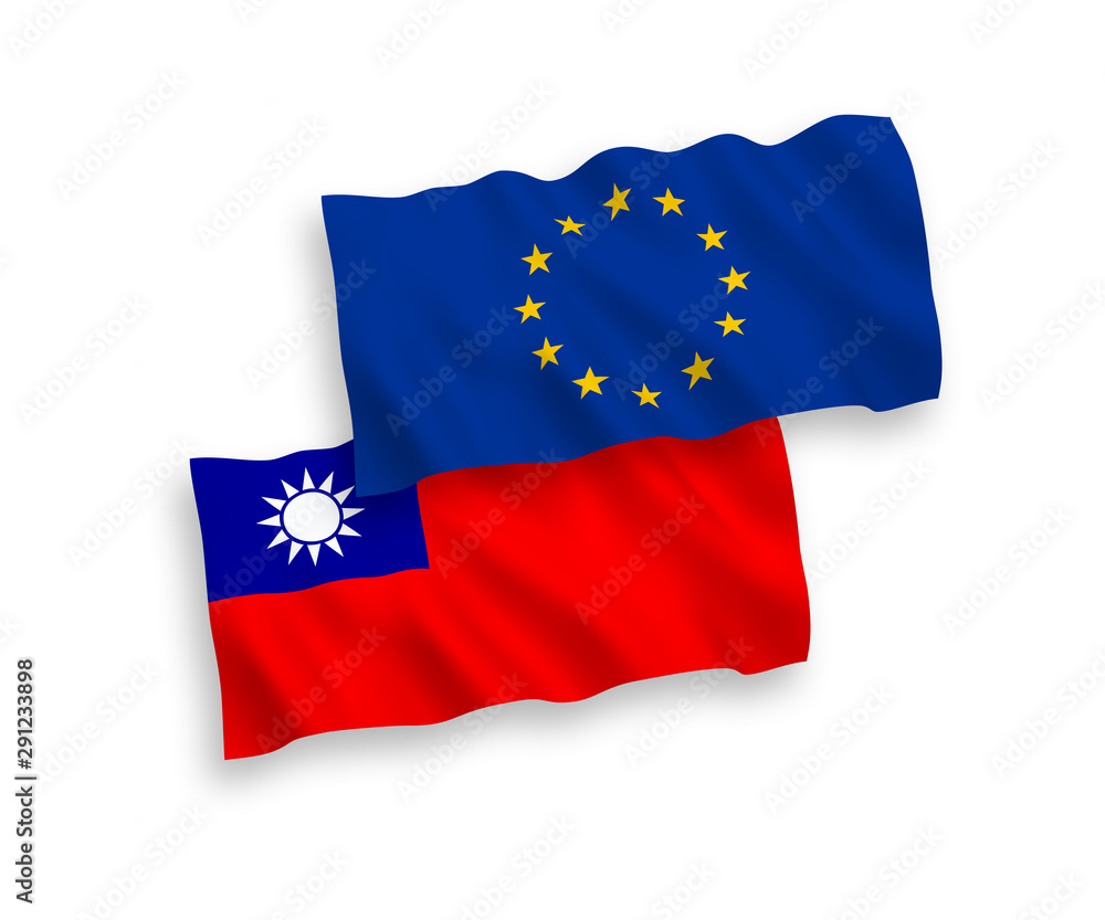 National vector fabric wave flags of European Union and Taiwan isolated on white background. 1 to 2 proportion. National vector fabric wave flags of European Union and Taiwan isolated on white background. 1 to 2 proportion.