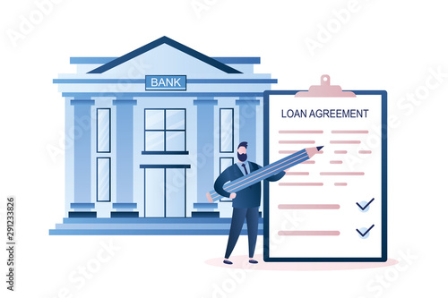 Businessman with big pencil and loan agreement paper, bank building on background.
