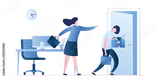 Businesswoman dismissed worker. Caucasian female boss fire woman employee. Business people characters in trendy style.