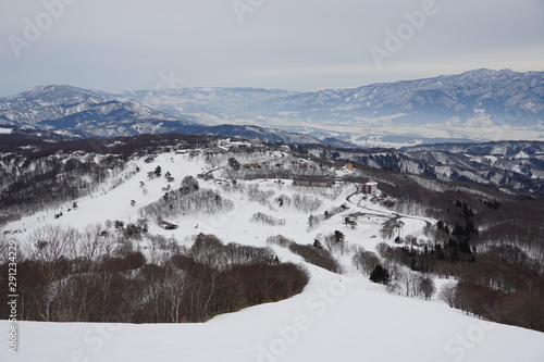 View of ski resort from top of mountain in Nagano