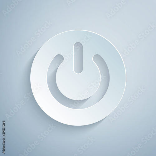 Paper cut Power button icon isolated on grey background. Start sign. Paper art style. Vector Illustration