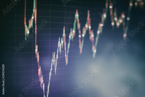 Technical price graph and indicator, red and green candlestick chart on blue theme screen, market volatility, up and down trend. Stock trading, crypto currency background.